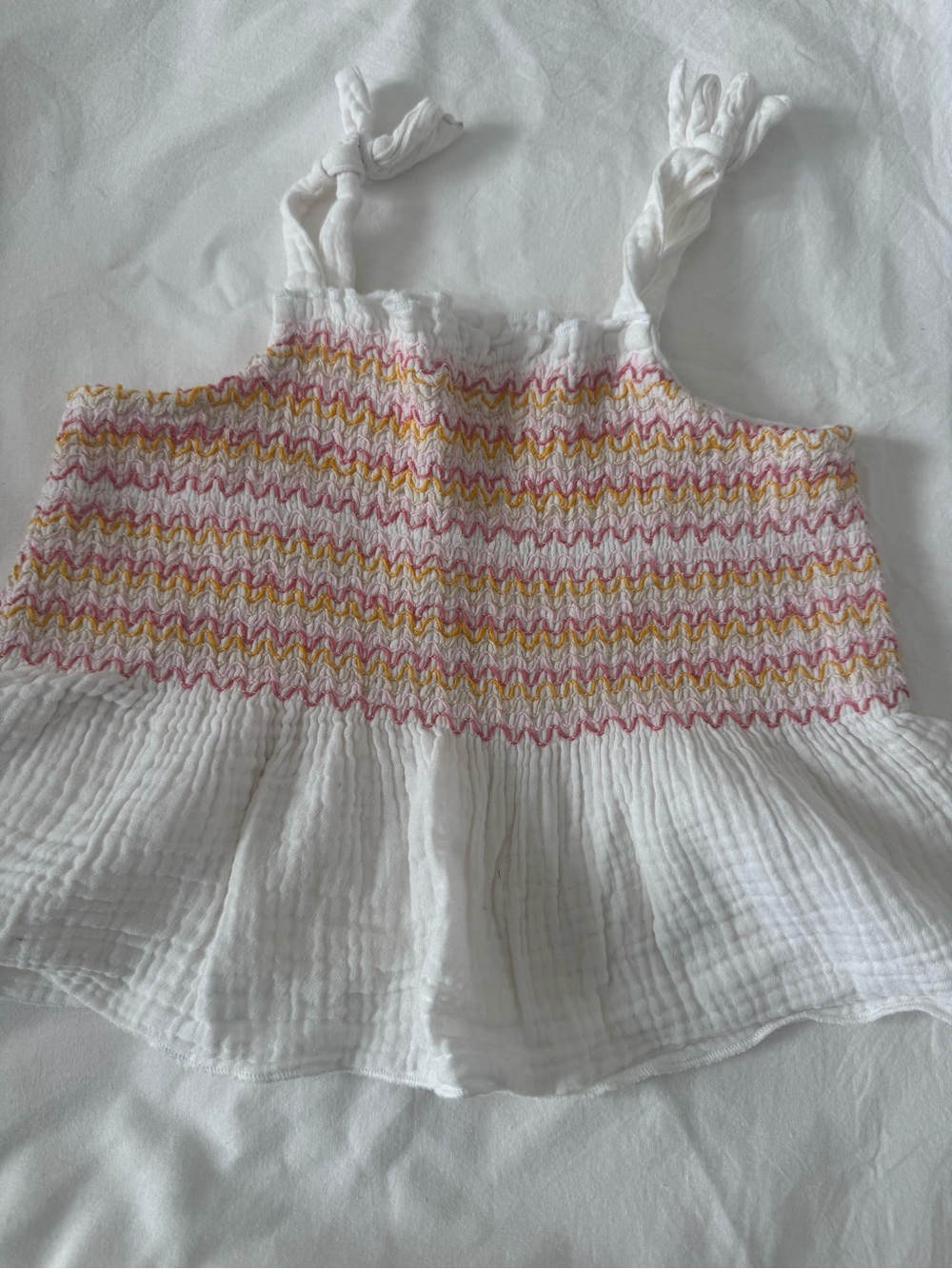 White Gauze Smocked Tank Top with Pink & Yellow Chevron Stitching